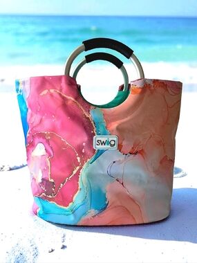 SWig Life Loopi Tote Bag NWOT 16x10x14 Rainbow Marble, Pockets Waterproof